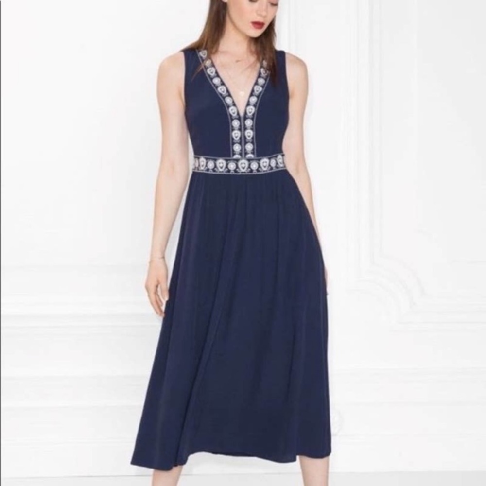 & Other Stories Navy Blue Embroidered V-Neck Maxi Dress